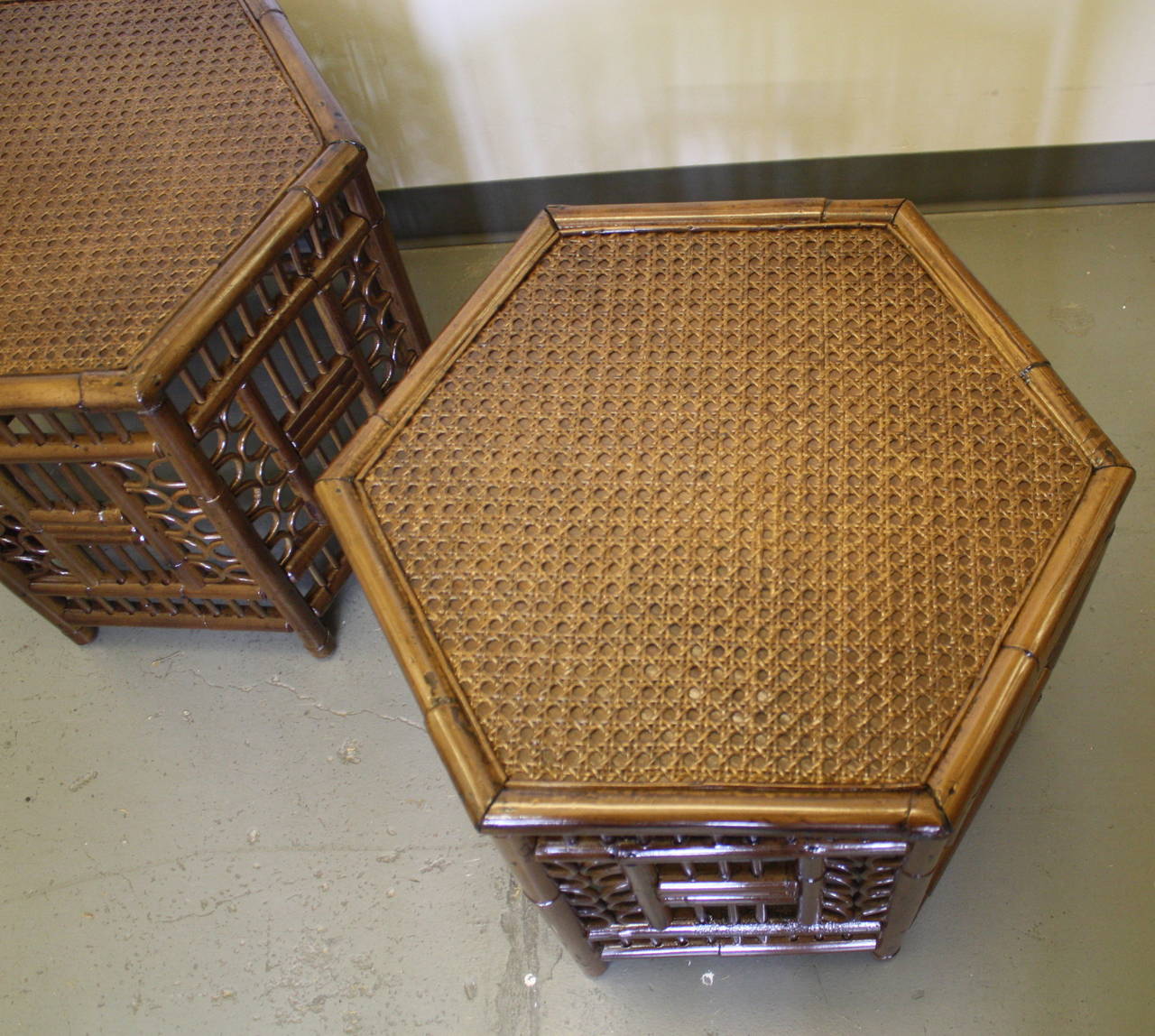 Chinese Export Stylish Pair of 1950s Bamboo and Caned Tables