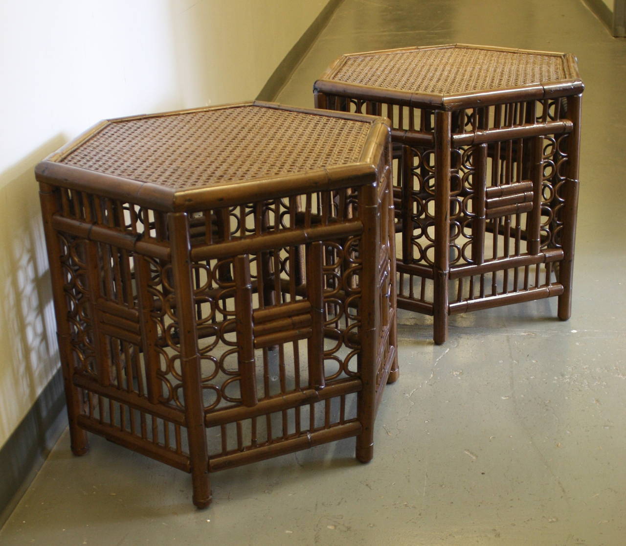 Stylish Pair of 1950s Bamboo and Caned Tables In Excellent Condition In New York, NY