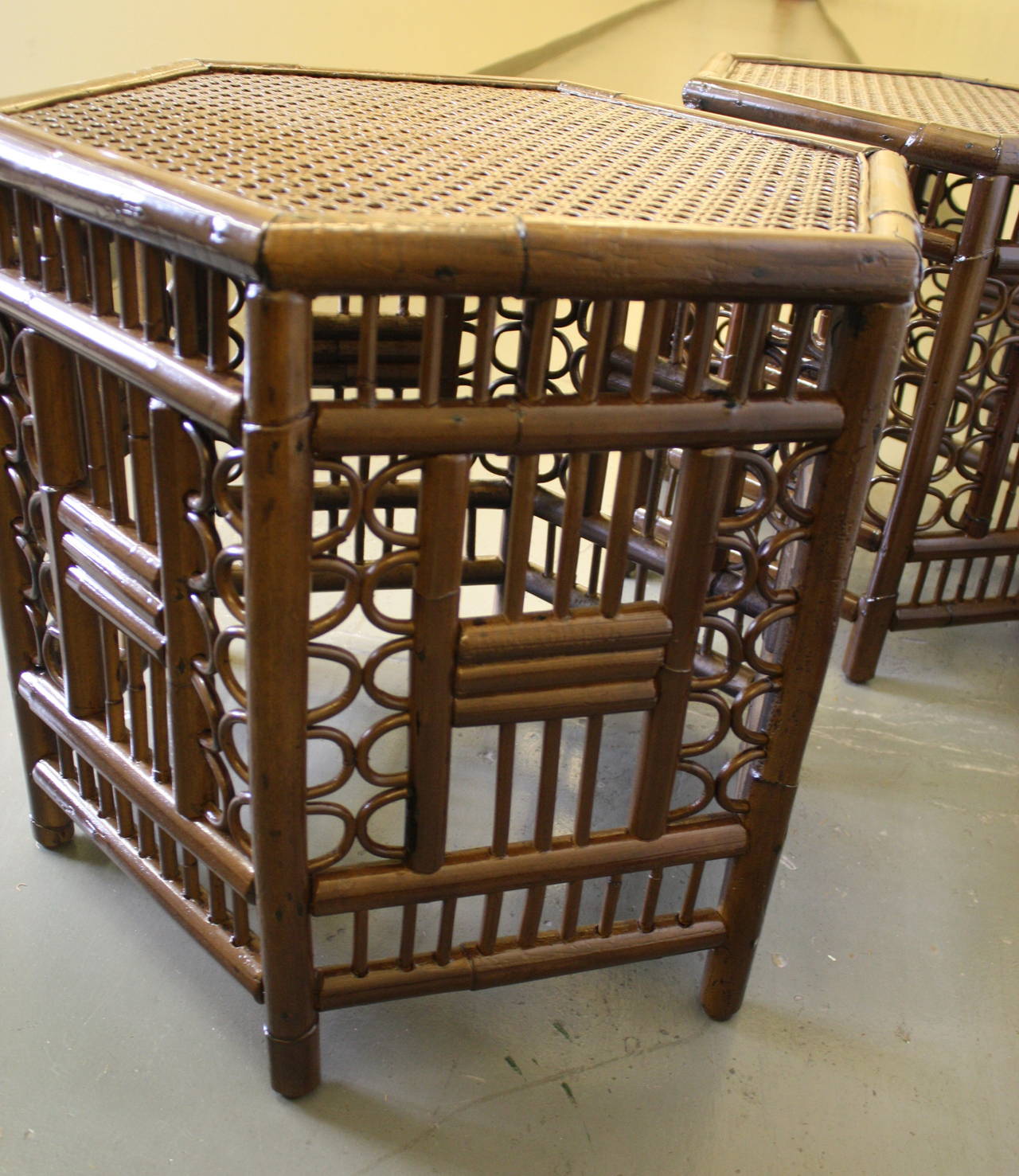 20th Century Stylish Pair of 1950s Bamboo and Caned Tables