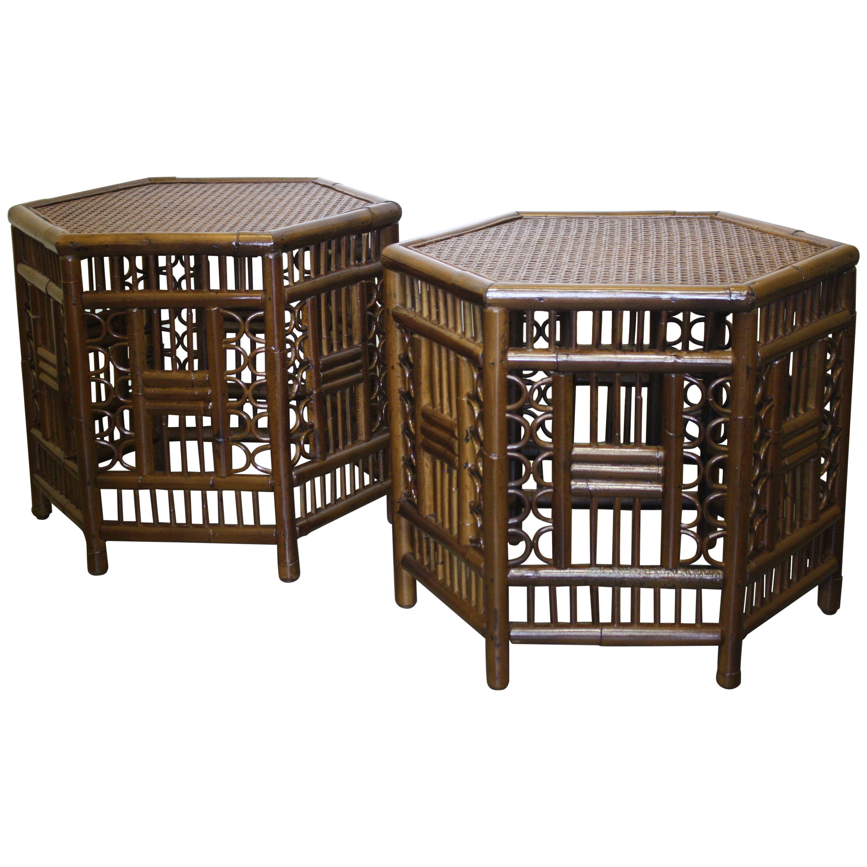 Stylish Pair of 1950s Bamboo and Caned Tables