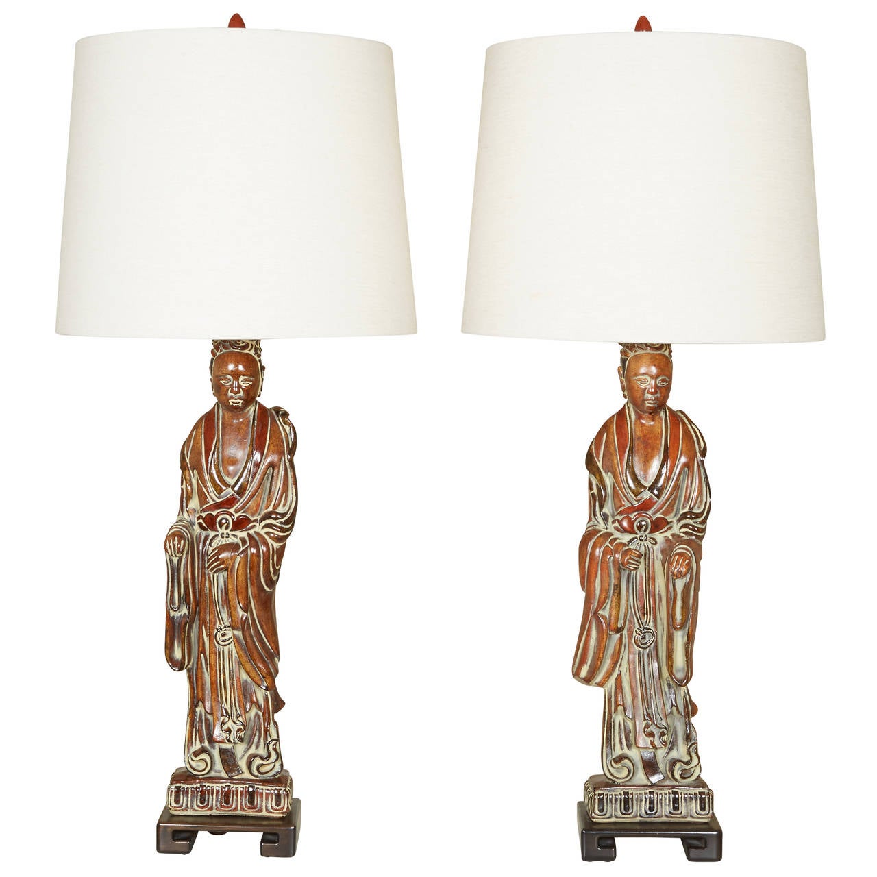 Dramatic Pair of Hollywood Regency Chinese Figural Lamps For Sale at