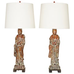Dramatic Pair of Hollywood Regency Chinese Figural Lamps