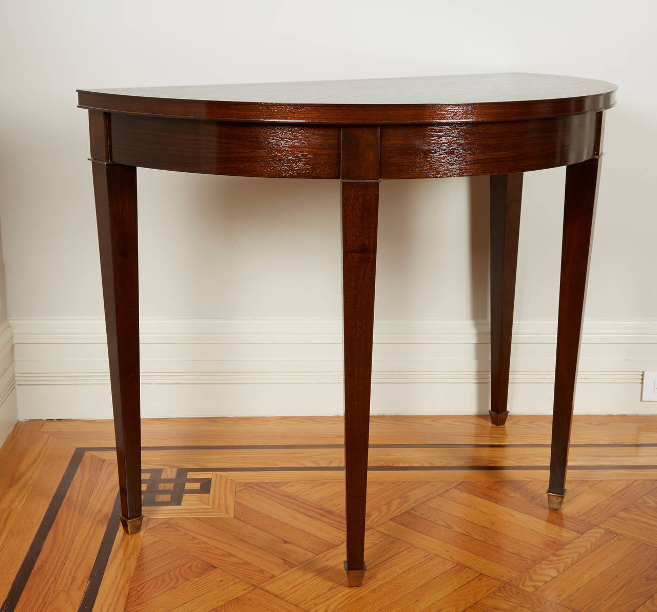 20th Century Pair of Neoclassical Style Walnut Demilune Console Tables