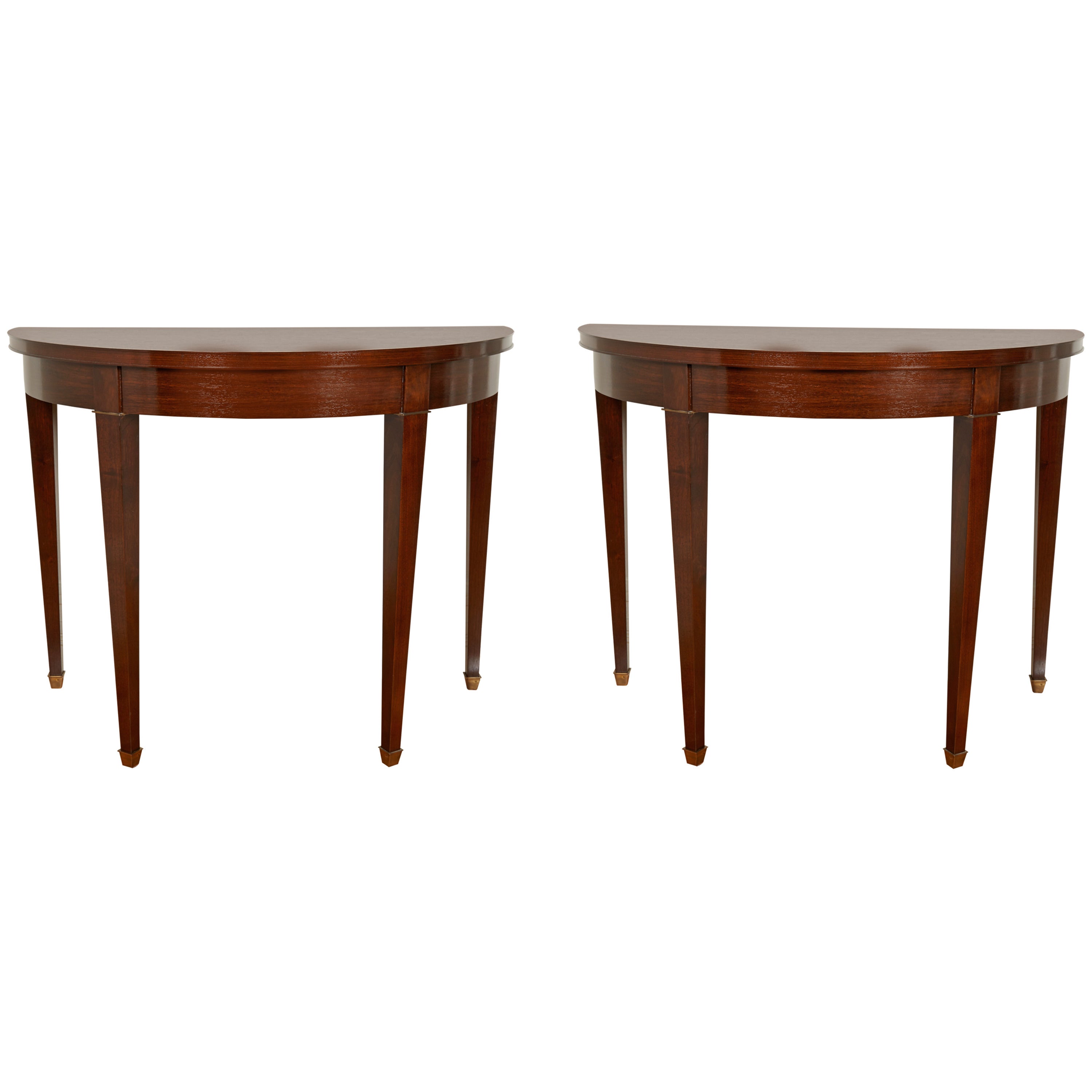 Pair of Neoclassical Style Walnut Demilune Console Tables