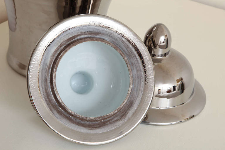 20th Century Pair of Large Mercury Glass Glazed Silver Temple Jar