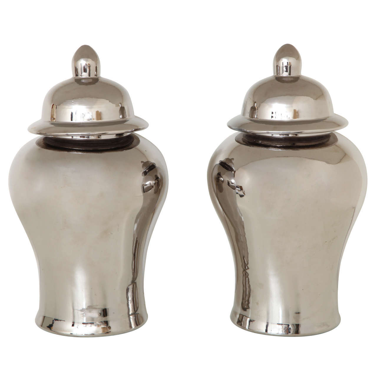 Pair of Large Mercury Glass Glazed Silver Temple Jar