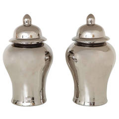 Pair of Large Mercury Glass Glazed Silver Temple Jar