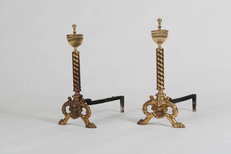 Georgian Fine Pair of English Brass Neoclassical Andirons