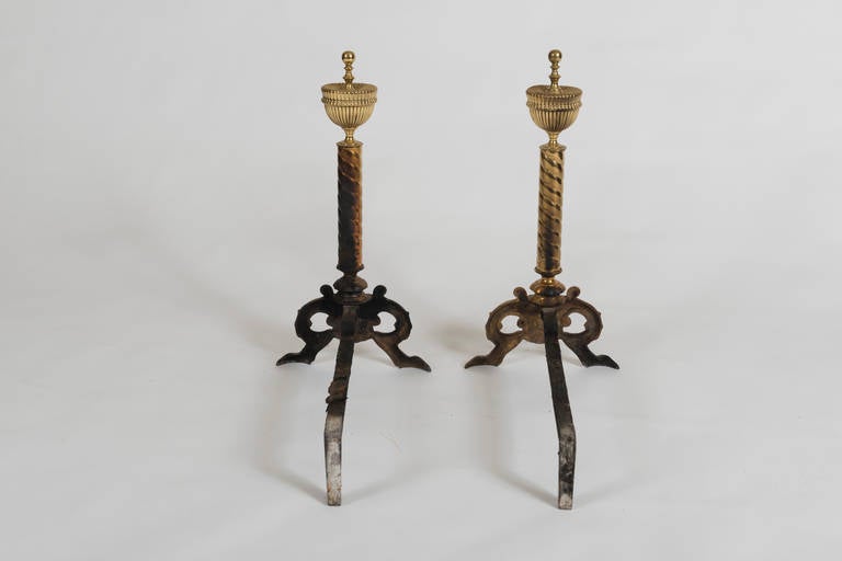 Fine Pair of English Brass Neoclassical Andirons 1