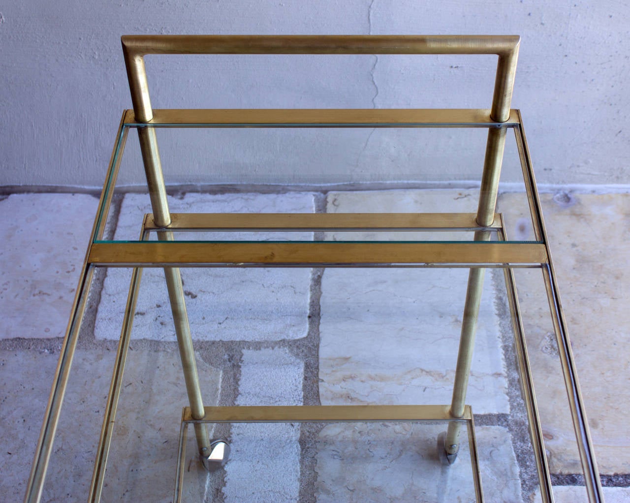 Three-Tier Mid-Century Brass Bar Cart, circa 1950 In Excellent Condition In Atlanta, GA