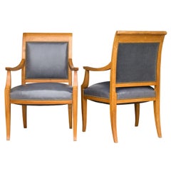 Pair of French Bleached Mahogany Chairs in Grey Leather and Mohair