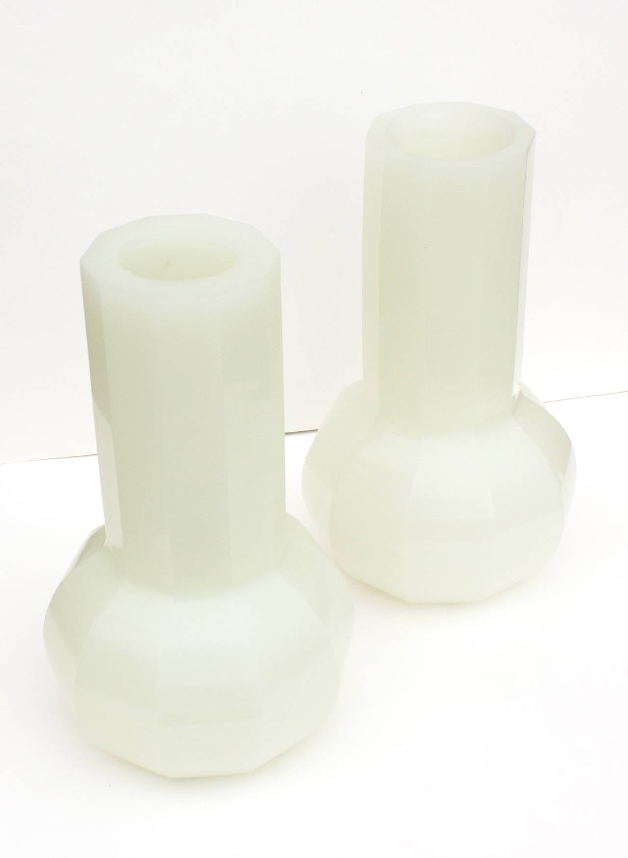 Hand-blown with meticulous care in the Peking Glass tradition, hollow glass is formed from layer upon layer of molten glass. It's color is that of Bai Jade, a cloudy white hue with soft green undertones, that is uniquely stunning. This