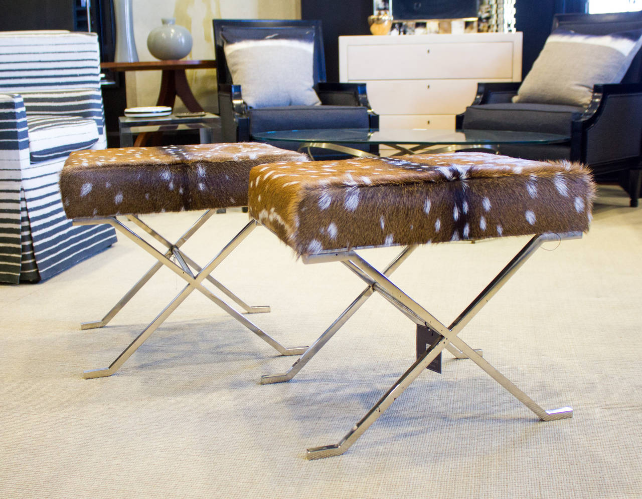 Vintage Jean-Michel Frank inspired chrome benches, upholstered in antelope hide.