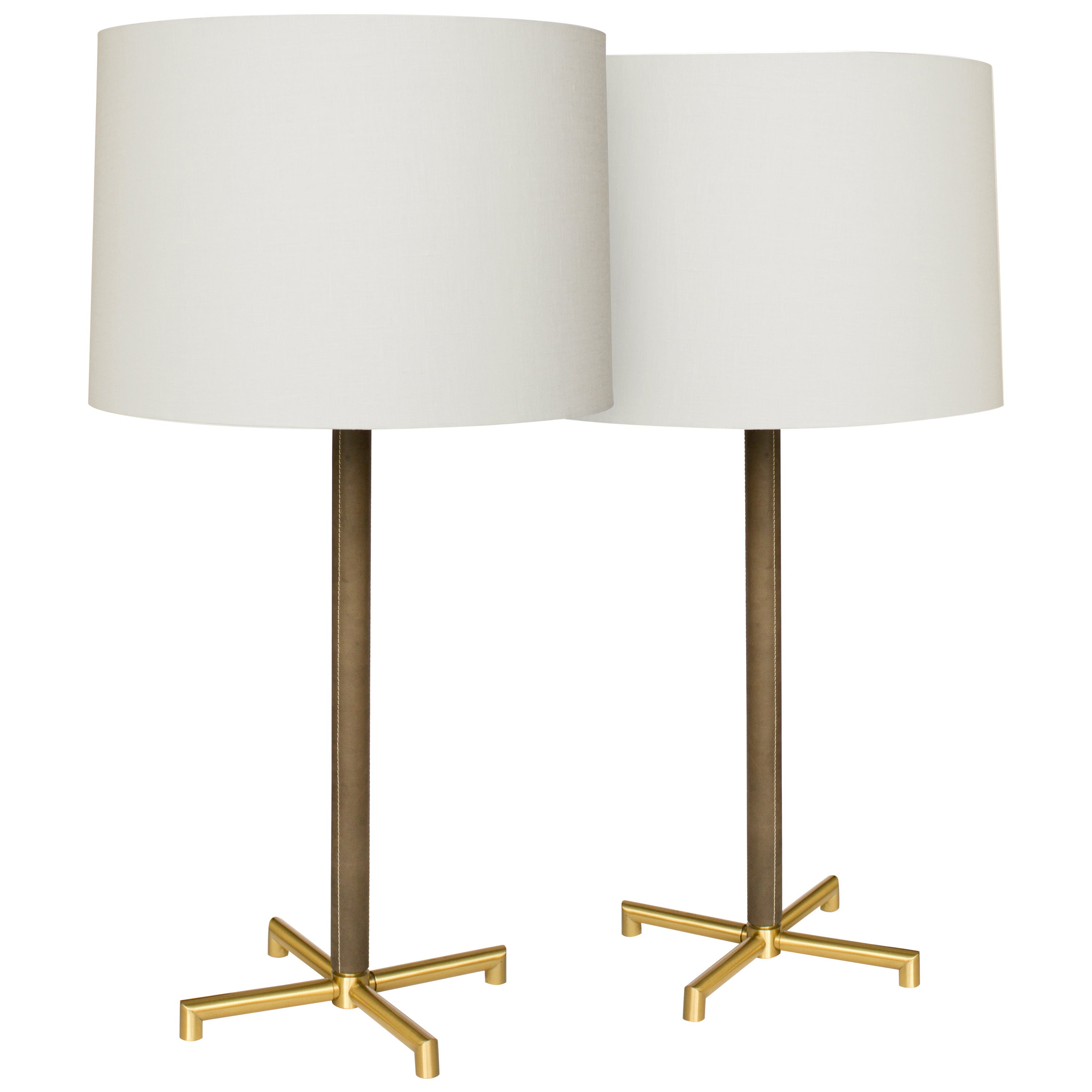 Jacques Adnet Bronze and Leather Lamps