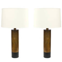 Mid-Century Black Leather and Brushed Chrome Lamps