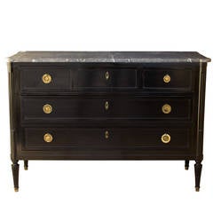 Antique Black Painted Marble Top French Commode with Brass Hardware