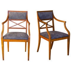 Directoire Style X-Back Armchairs in Gray Suede Upholstery