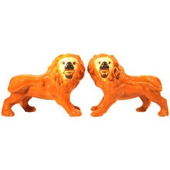 19th Century Regal Pair of Opposing Staffordshire Lions