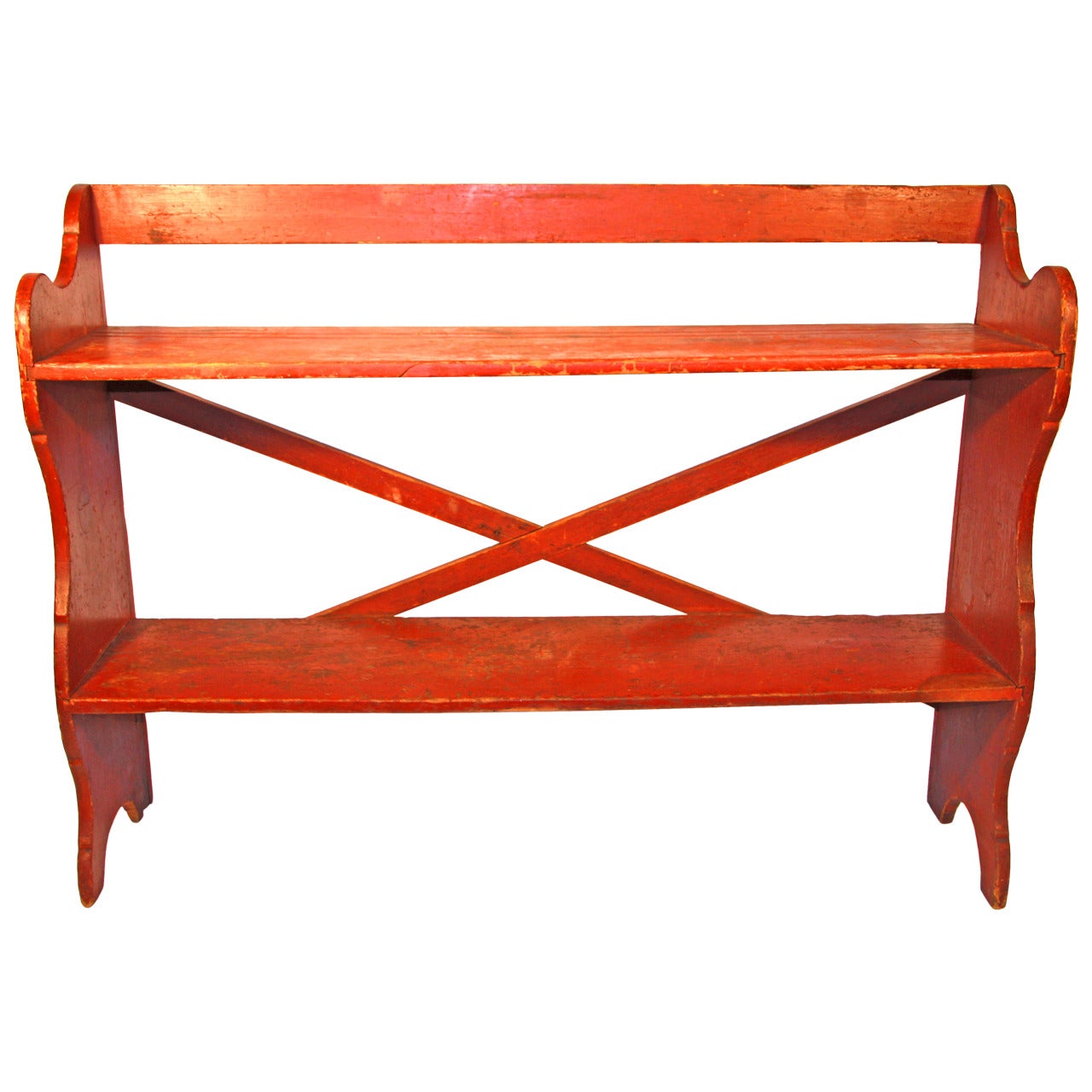19th Century Pennsylvania Painted Pine Bucket Bench in Old Red Surface For Sale