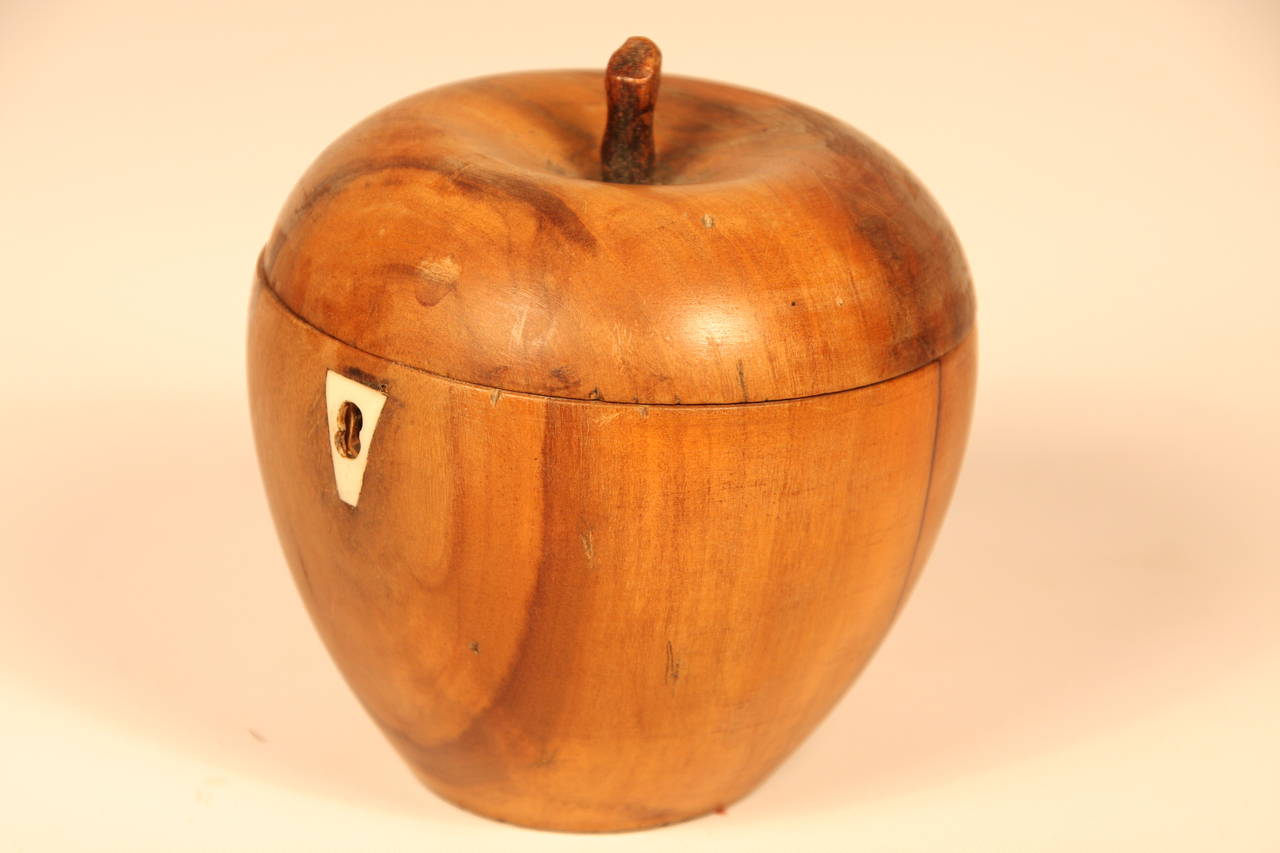 19th century fruitwood carved apple tea caddy with carved stem and carved bone escutcheon. Lined with tin paper. Fine patina.