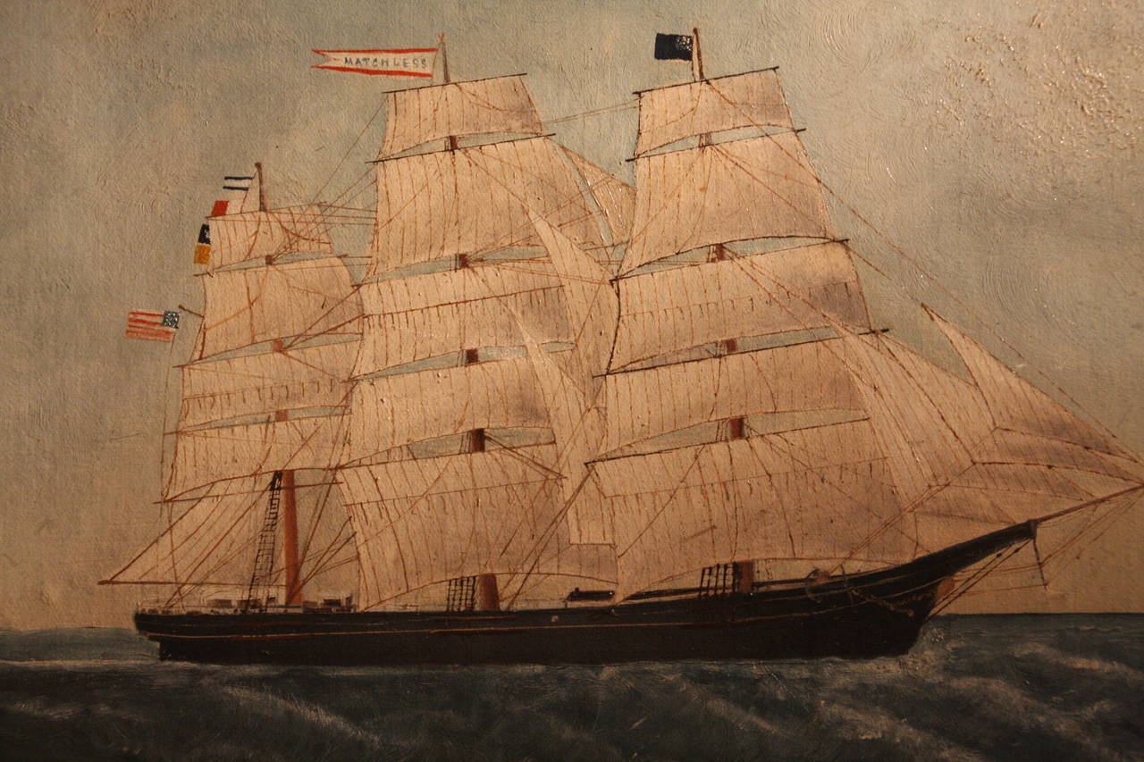 VSeascape depicting the U.S. ship Matchless.  Built by John Taylor of Boston, the ship weighed 1033 tons and contained two decks and three masts.  The ship was registered in Boston on September 1, 1853 under an act of congress entitled “An Act