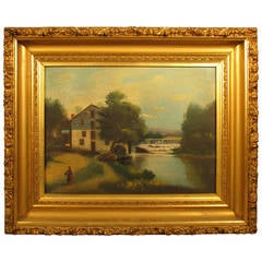 19th Century Oil on Board Painting of a Farm Scene with Mill