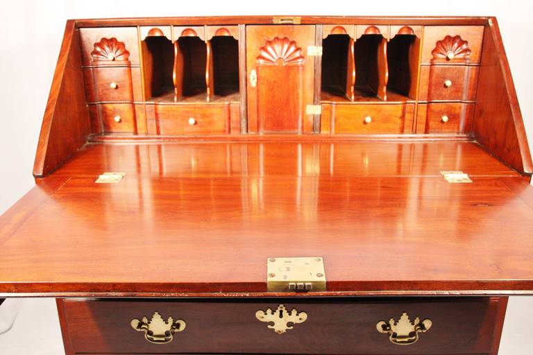 American 18th Century Chippendale Shell-Carved and Figured Mahogany Slant Front Desk