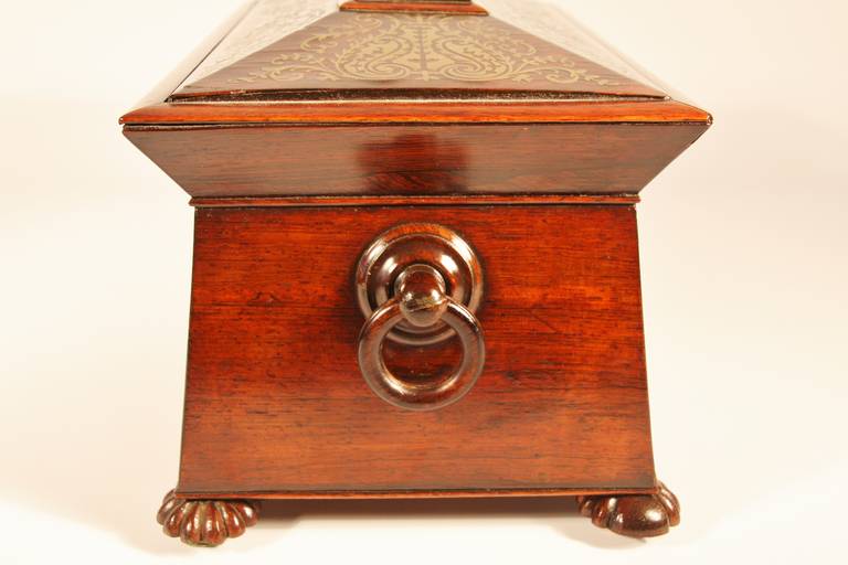 19th Century Rosewood Tea Caddy with Extensive Brass Inlay In Excellent Condition In Woodbury, CT