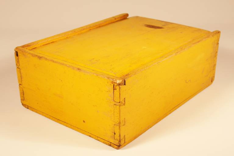 Country 19th Century New England Slide Top Wooden Storage Box in Chrome Yellow Paint