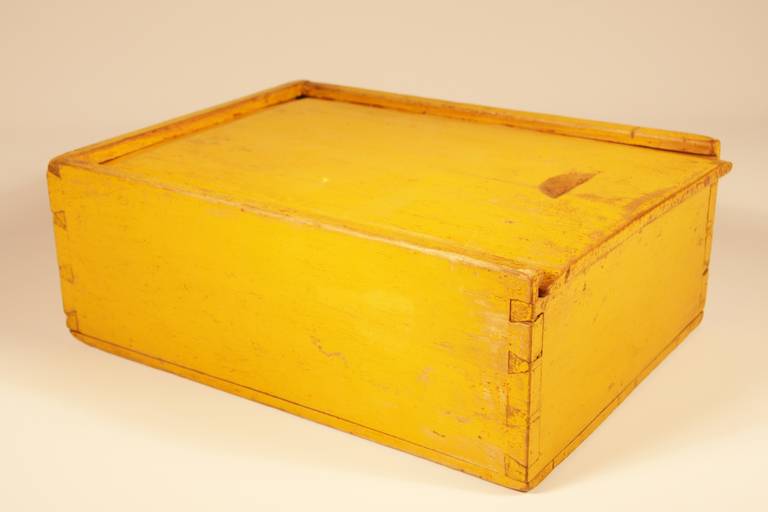 American 19th Century New England Slide Top Wooden Storage Box in Chrome Yellow Paint
