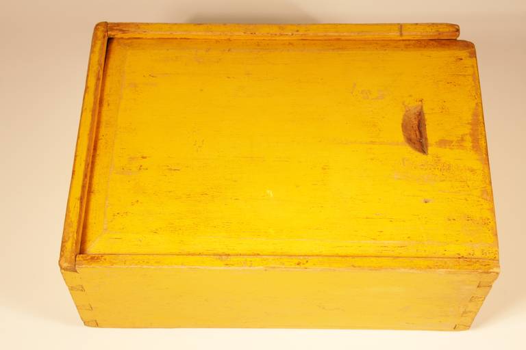 Painted 19th Century New England Slide Top Wooden Storage Box in Chrome Yellow Paint