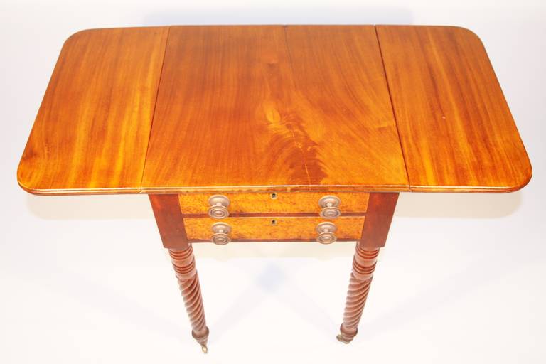 American 19th Century Sheraton Mahogany Work Table with Birdseye Maple Drawers