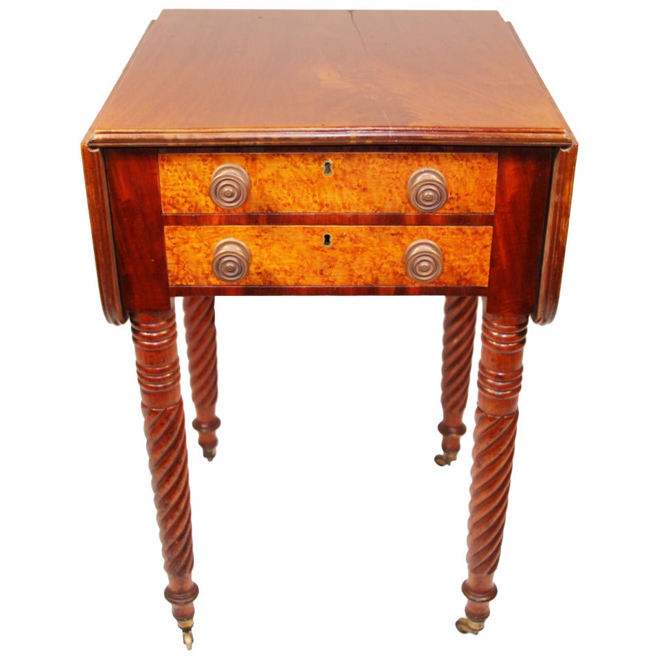19th Century Sheraton Mahogany Work Table with Birdseye Maple Drawers