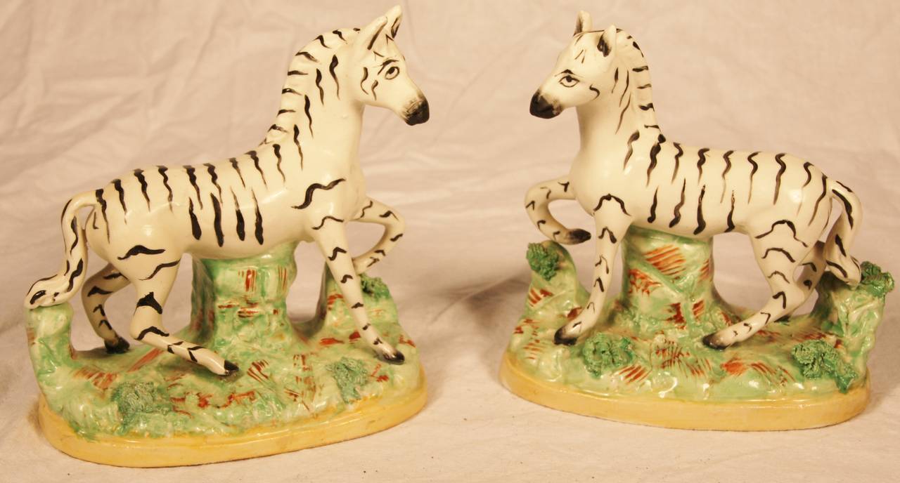 Pair of 19th century Staffordshire zebras modeled on naturalistic bases.  Decorated all around with all four legs and tails molded free.  Shredded clay to bases for realistic look.

Similar pair illustrated on page 127, Schiffer's 