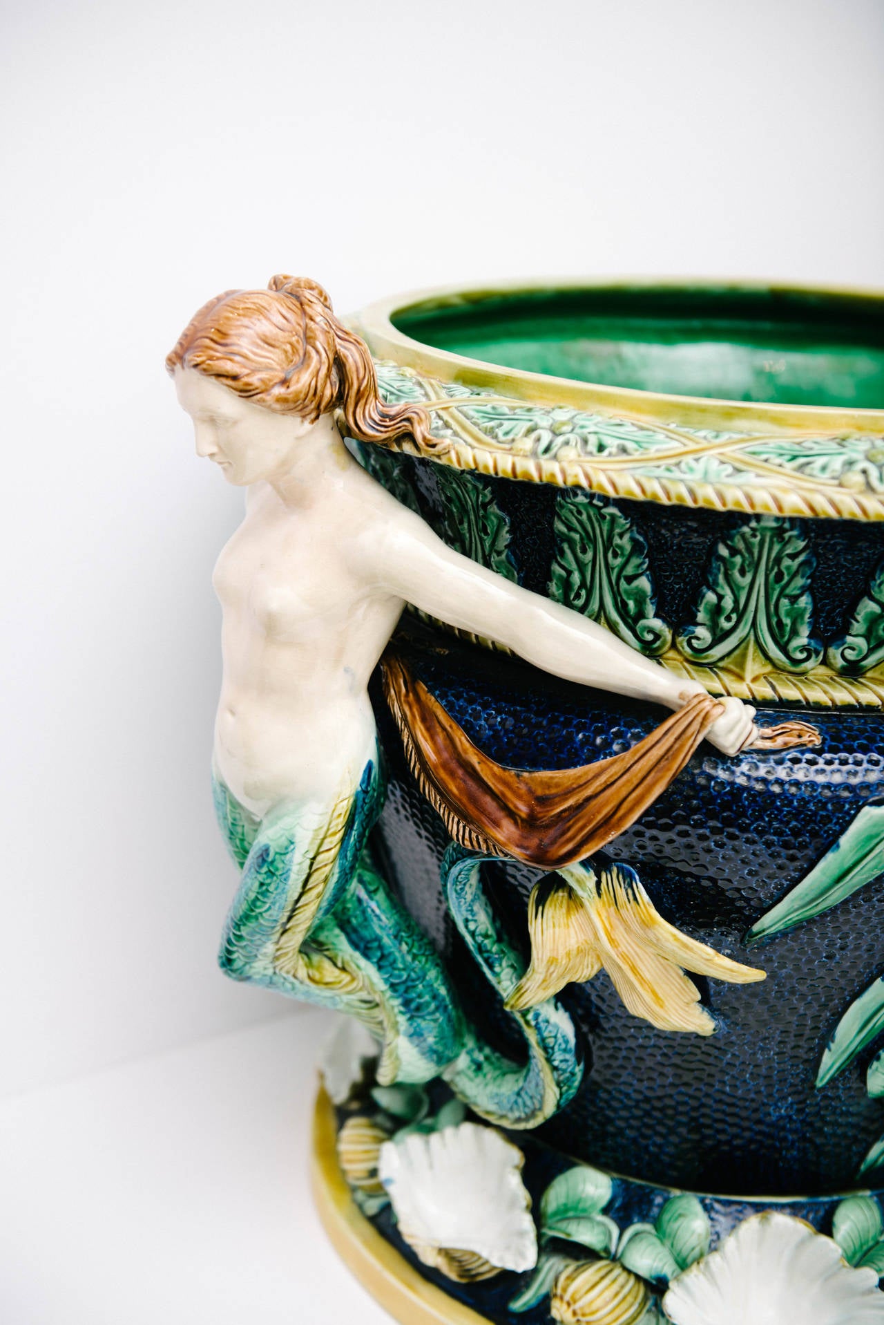 Monumental  Mermaid Majolica Jardiniere In Excellent Condition In Houston, TX