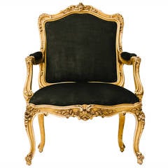 19th Century Louis XV Style Gilt Fauteuil in Black Nubuck Leather