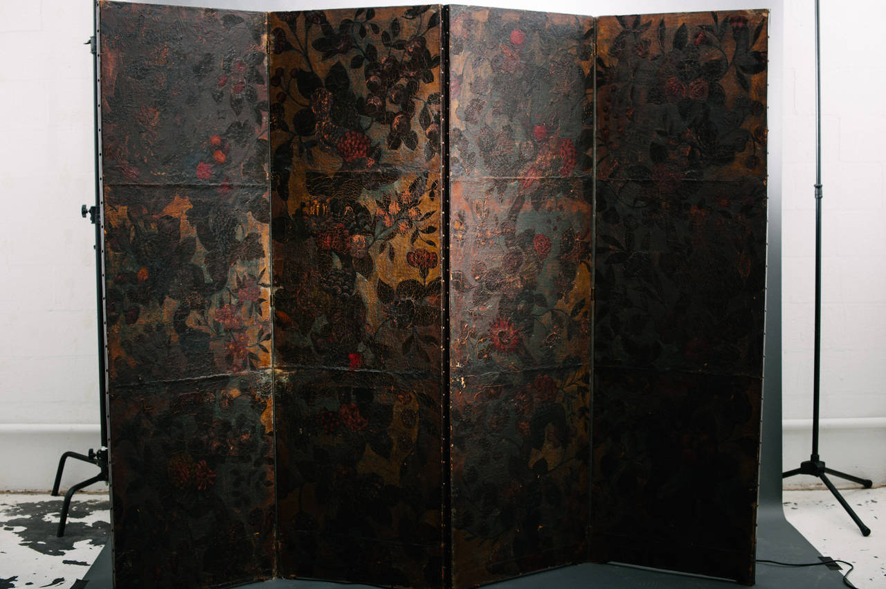 18th Century floral painted leather screen