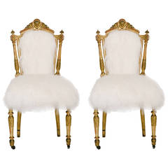 Pair of Chic 19th Century Louis XVI Style Giltwood Chairs in Mongolian Hide