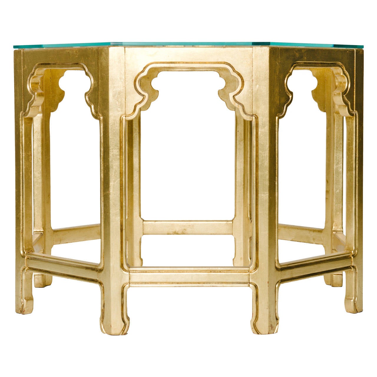 Vintage giltwood octagon fret work center table with beveled glass top.