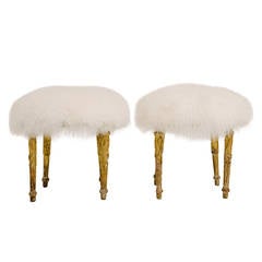 Pair of 19th Century Louis XVI Style Giltwood Mongolian Hair Hide Tabourets