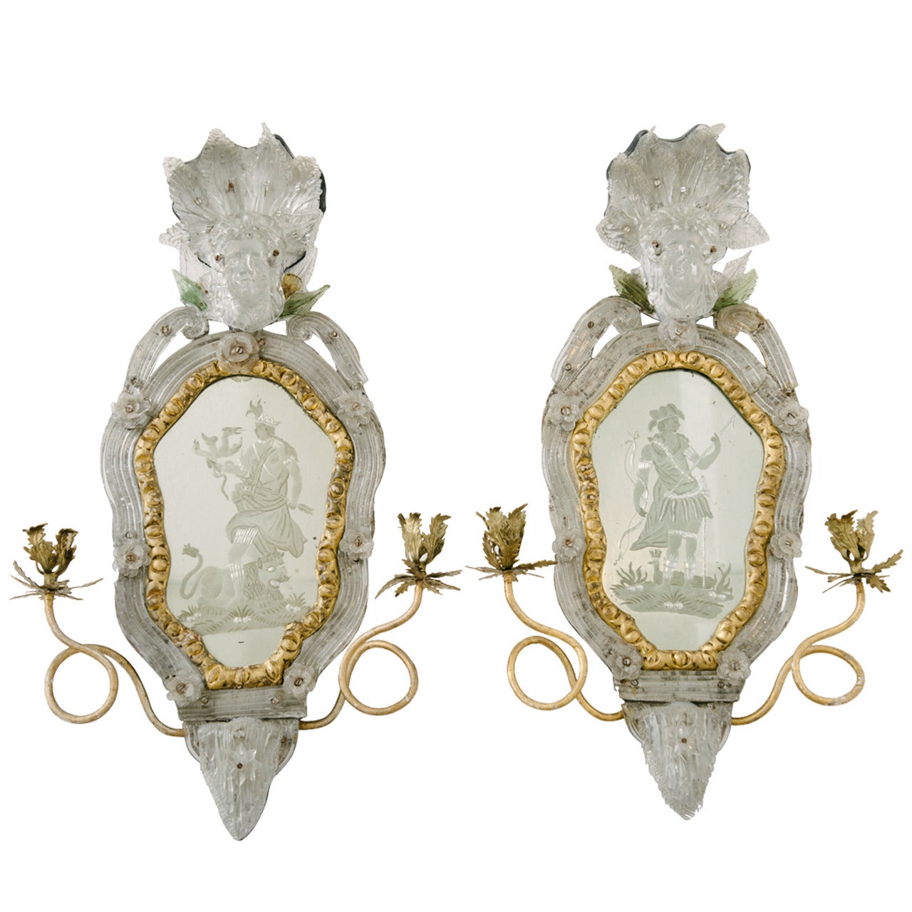 Rare Pair of 18th Century Venetian Etched Mirror Wall Sconces