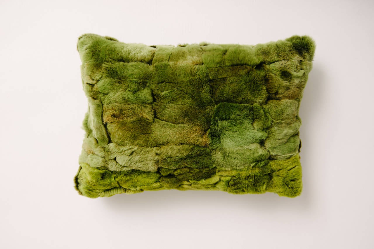 A custom high quality chartreuse dyed rex rabbit fur pillow. Amazing color and looks like beautiful natural growing moss. Two available.