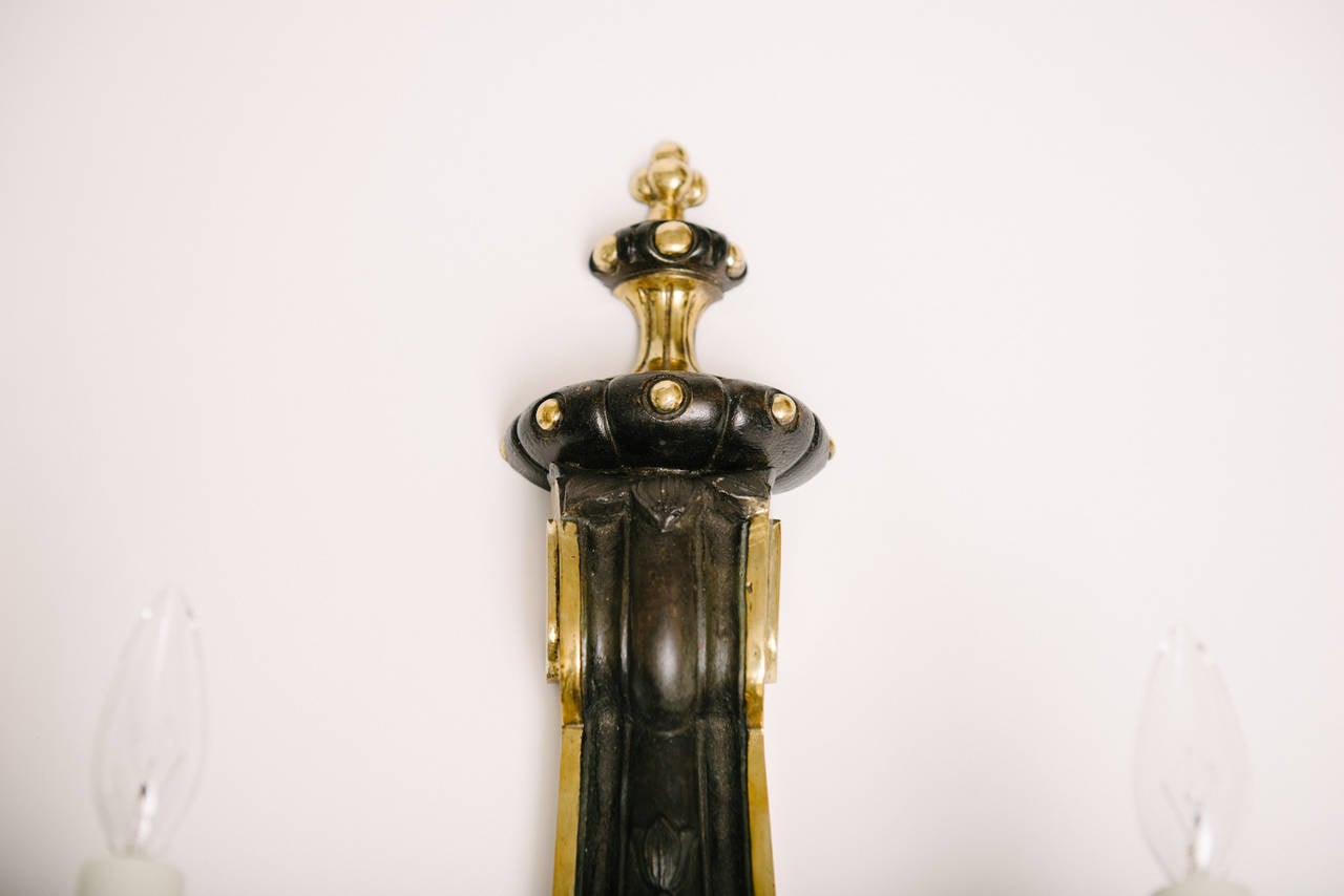 French Pair of Neoclassical Black Patinated Bronze Sconces For Sale