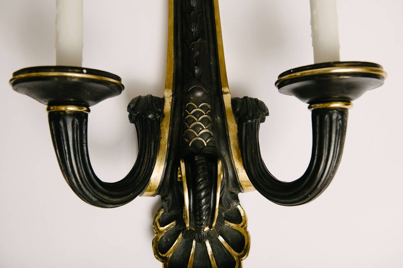 Regency Pair of Neoclassical Black Patinated Bronze Sconces For Sale