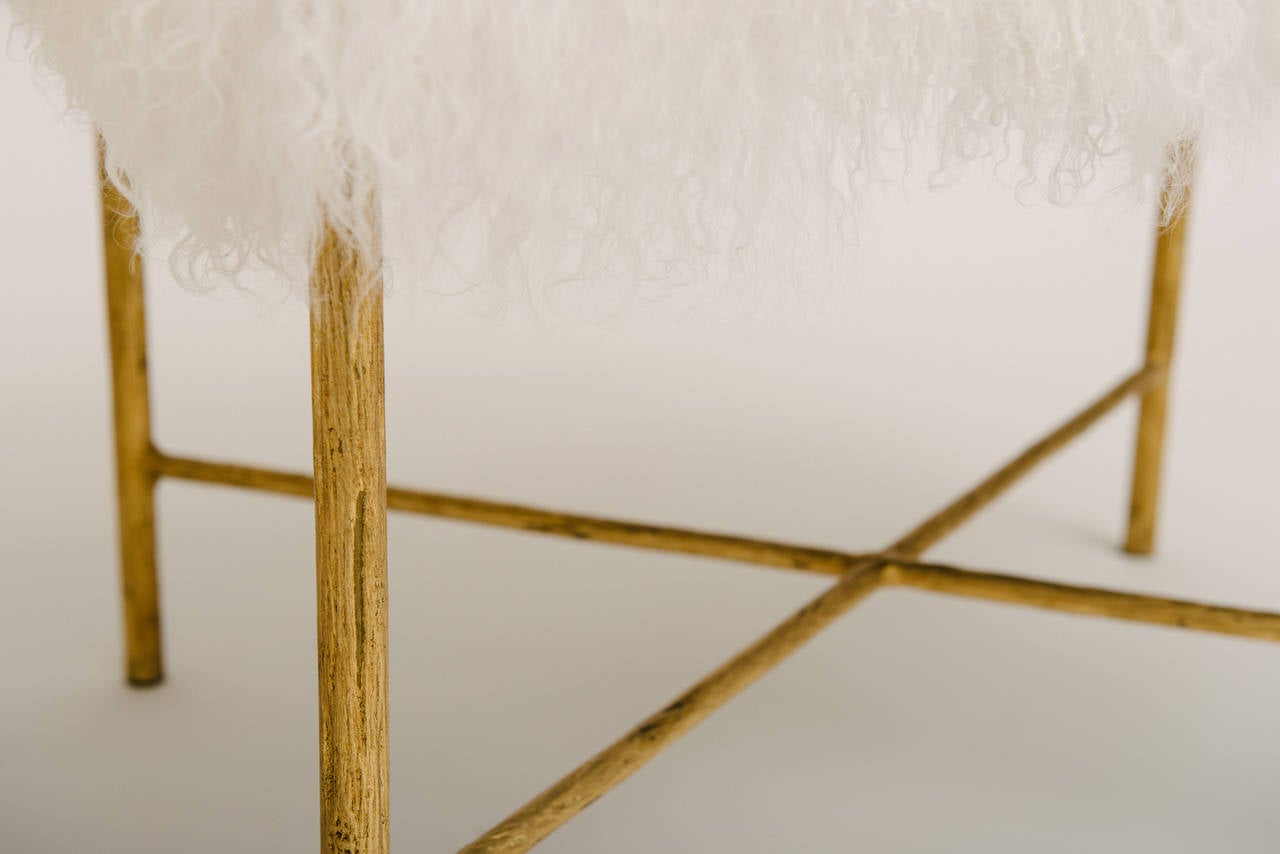 Pair of Custom Faux Bois Gilt Iron Mongolian Lamb Ottomans