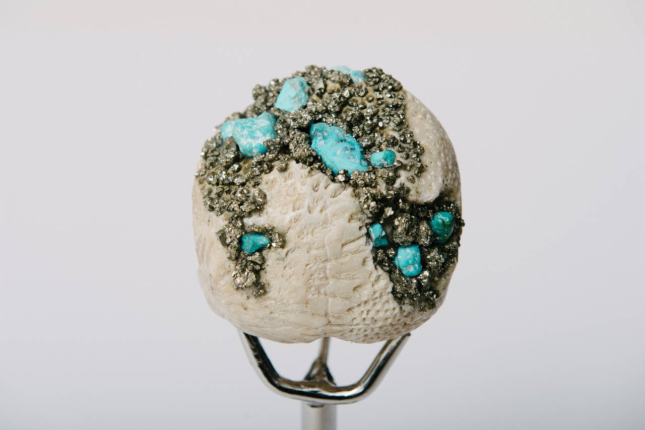 20th Century Momento Mori Carved Natural Coral Skull with Pyrite and Turquoise