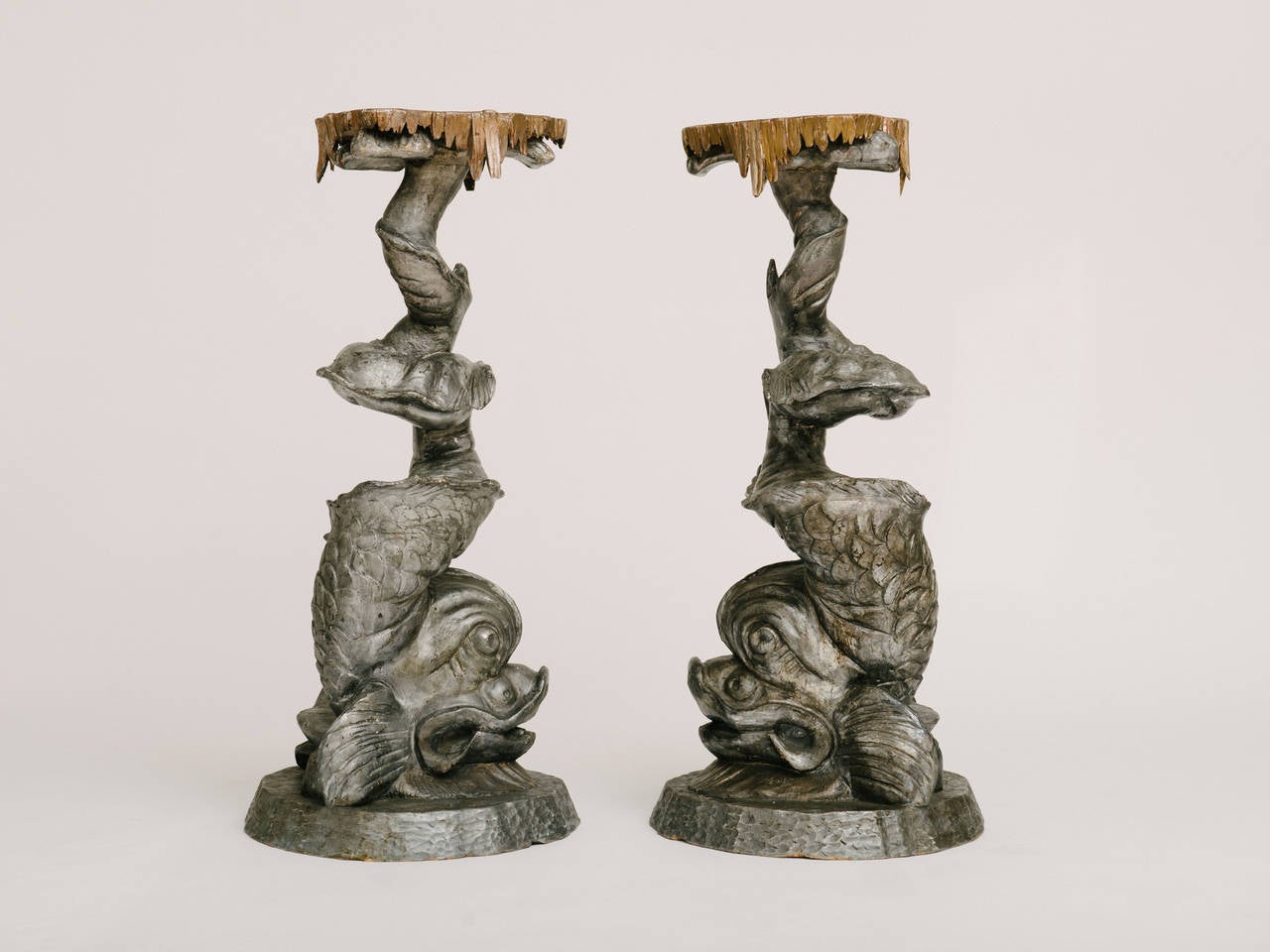 Pair of silver gilt carved Venetian grotto dolphin pedestals. Measures: 41