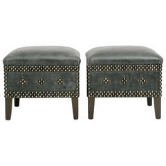 Pair of Custom Black Bomber Leather Ottomans