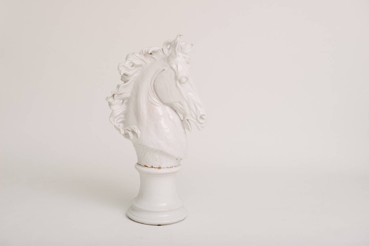 Hollywood Regency Italian Glazed Terra Cotta Horse Head on Plinth For Sale