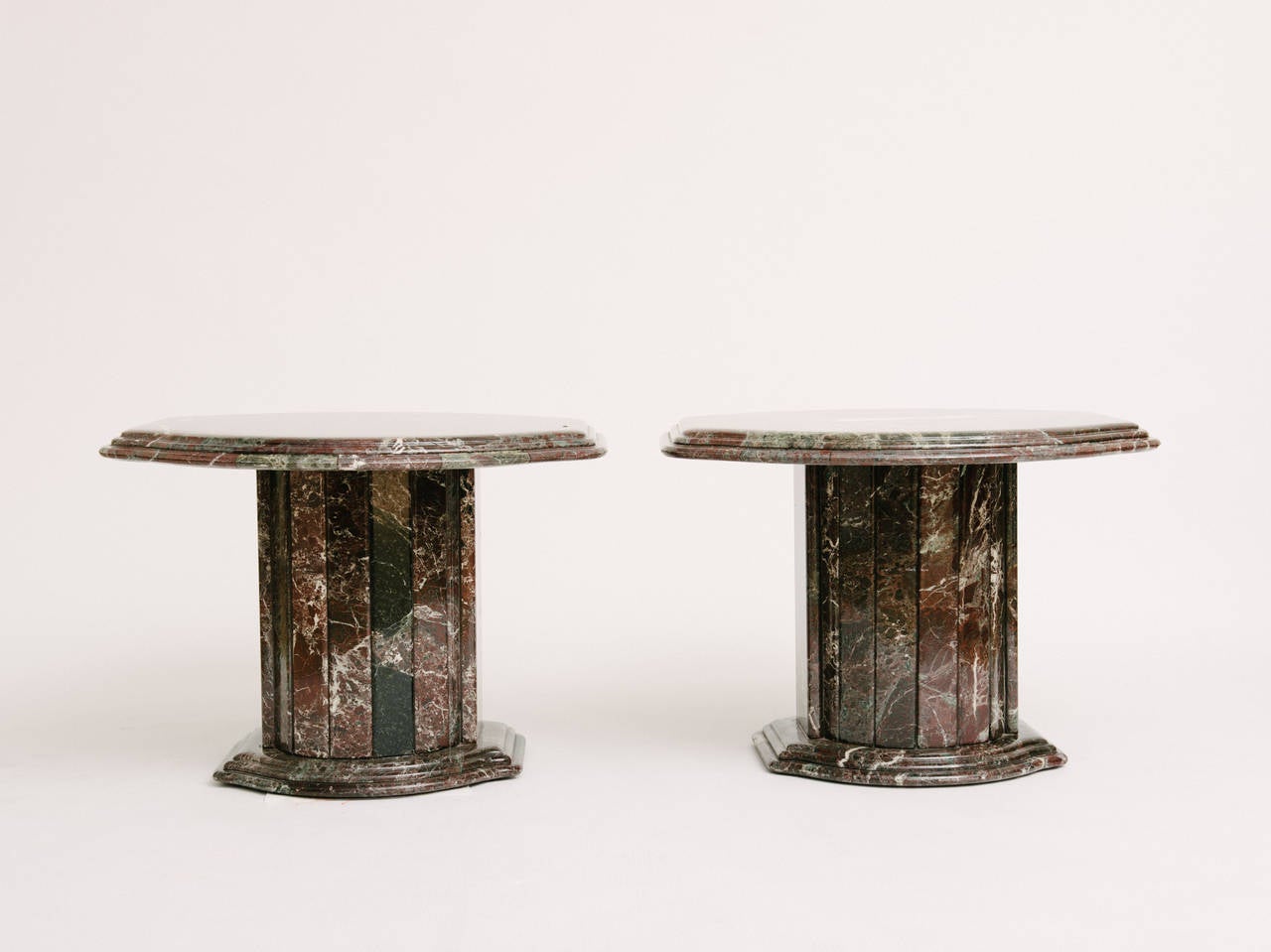 Pair of Italian Verde antico marble oval side tables.